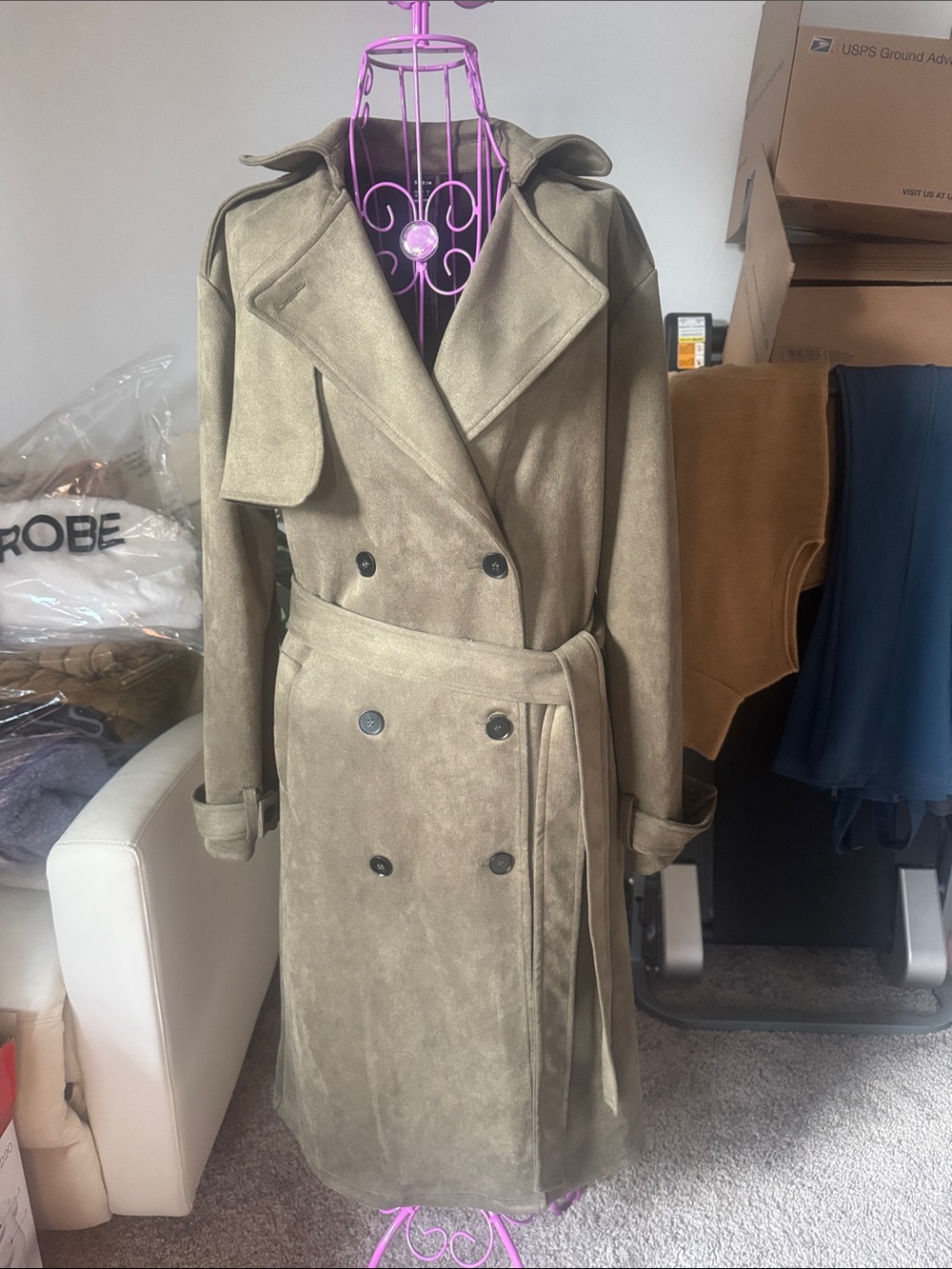 Shein Classic faux suede Double-Breasted Olive Trench Coat with Belt